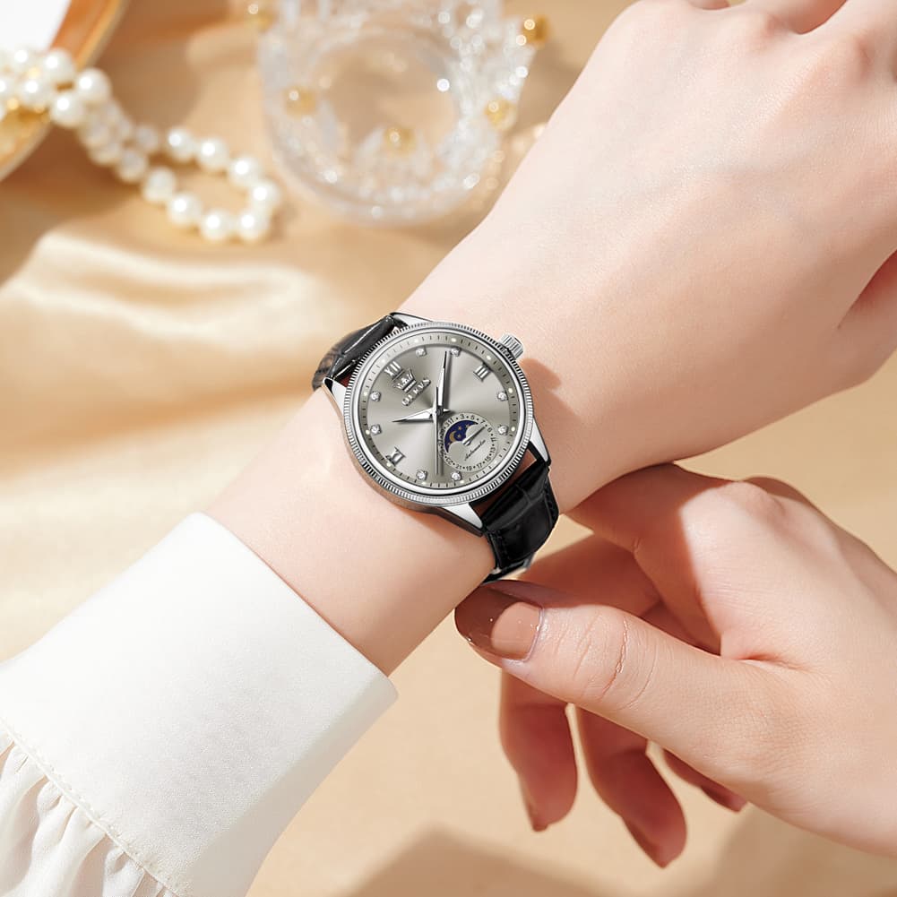 OLEVS 7039 Leather Moon Phase Mechanical Watch For Women