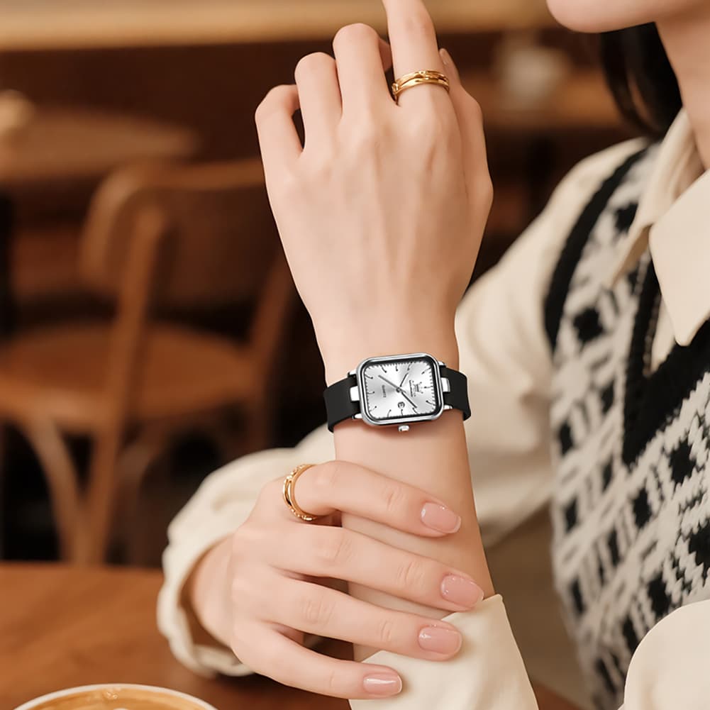 OLEVS 7089 Silicone Strap Watch Retro Square Date Quartz Sport Luxe Timepiece for Women
