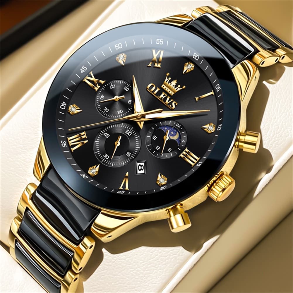OLEVS 7004 Moon Phase Chronograph Watch Ceramic Link Bracelet Quartz Luxury Timepiece for Men