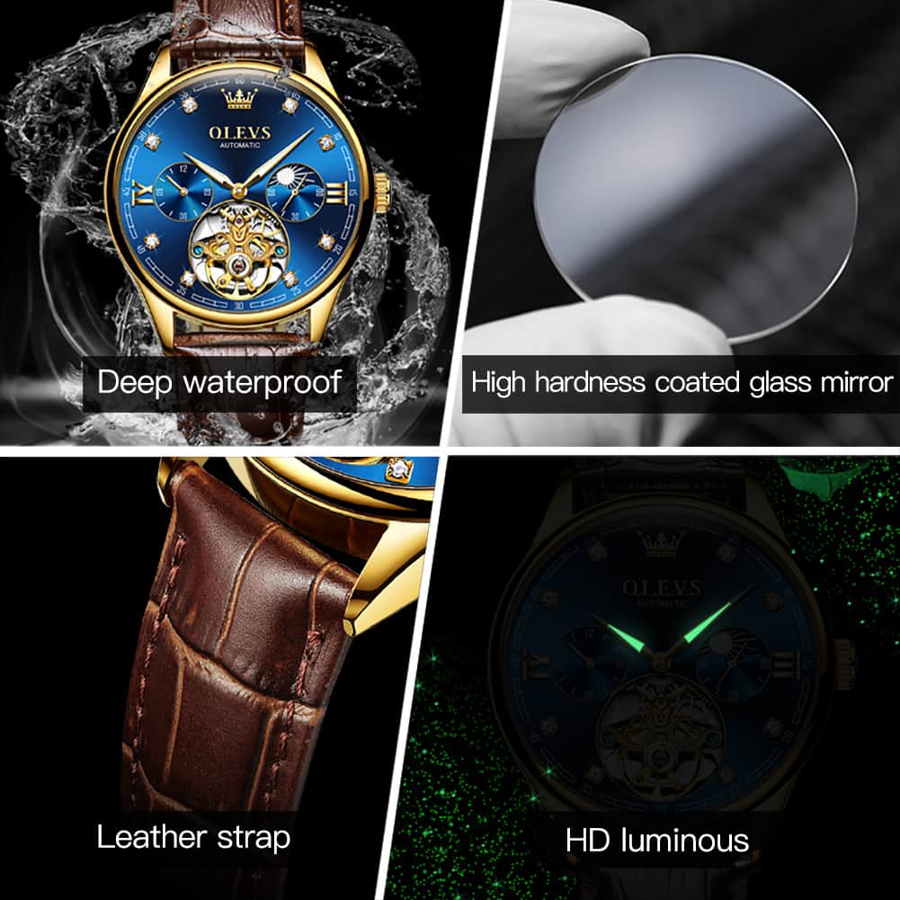 OLEVS 3601 Classic Open Heart Automatic Leather Watch for Men