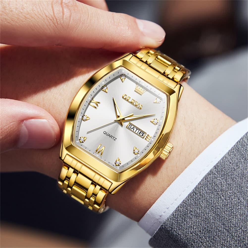 OLEVS Tonneau Diamond Dial Day Date Quartz Watch 5528 Steel Band for Men