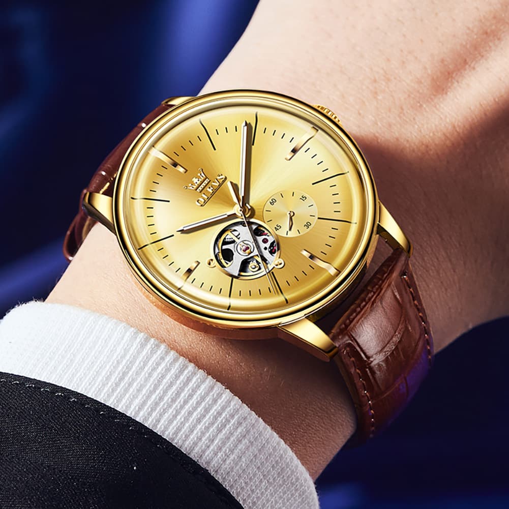 OLEVS 6708 Domed Crystal Open Heart Mechanical Watch For Men