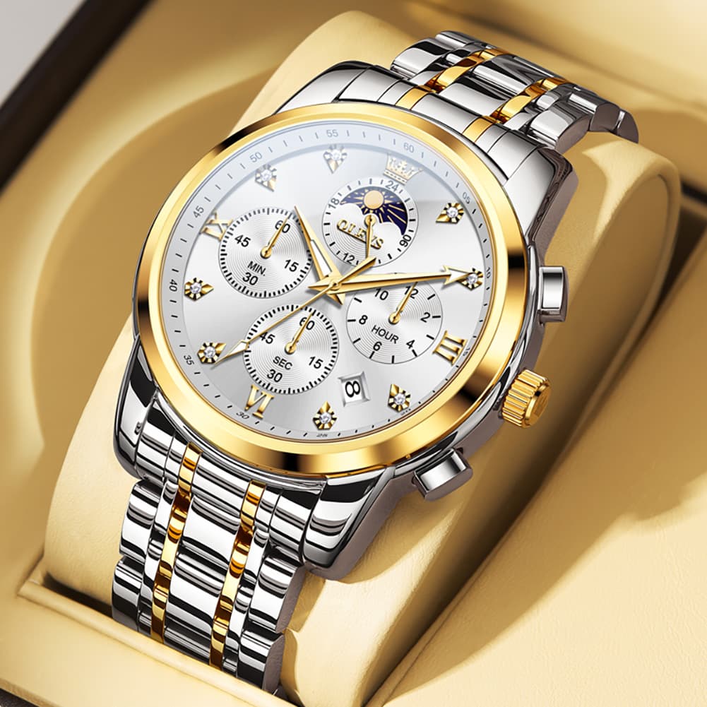 OLEVS 3655 Chronograph Moon Phase Roman Diamond Dial Stainless Steel Watch For Men