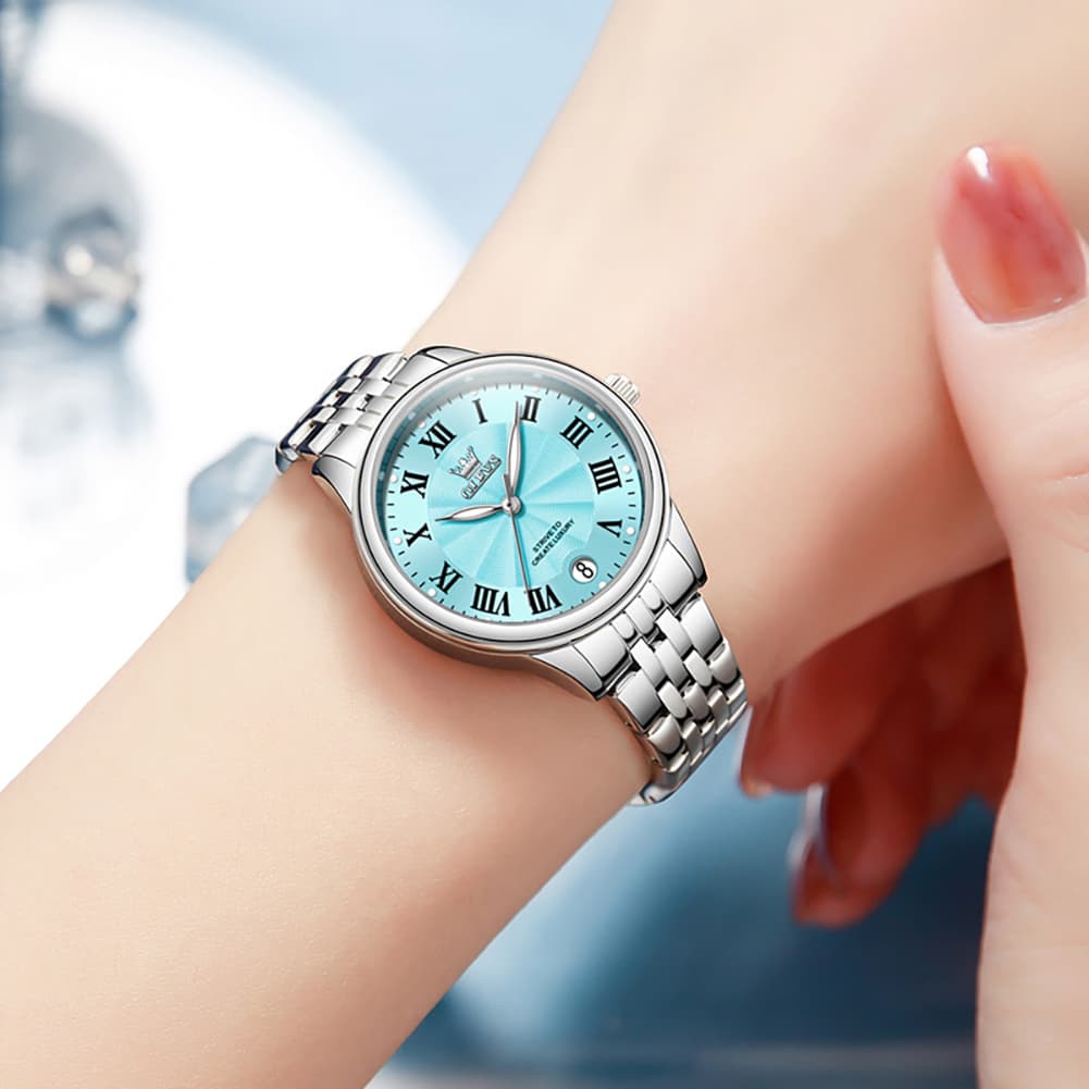 OLEVS Women Tiffany Blue Watch Roman Numeral Silver Stainless Steel Date Quartz 5600