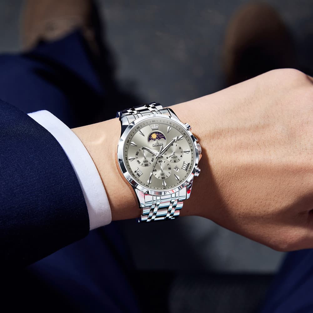 OLEVS 3653 Chronograph Moon Phase Sporty Dial Stainless Steel Watch For Men