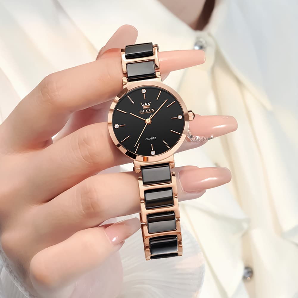 OLEVS 5877 Ceramic Bracelet Watch Rose Gold Minimalist Diamond Accent Japan Quartz Luxury Timepiece for Women