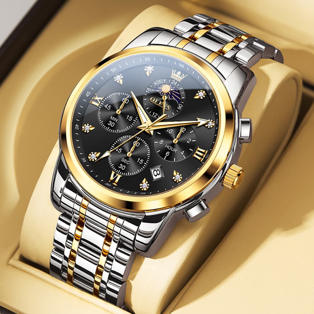 OLEVS 3655 Chronograph Moon Phase Roman Diamond Dial Stainless Steel Watch For Men