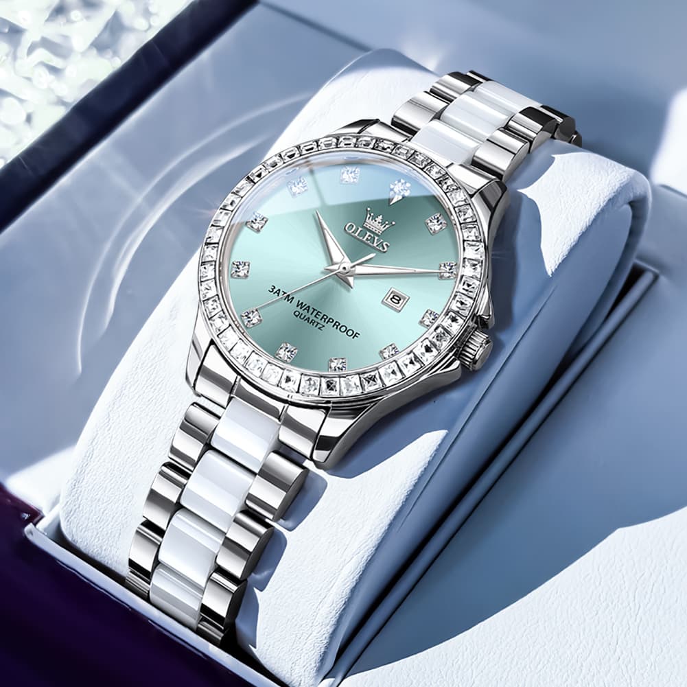 OLEVS 3651 Mother of Pearl Ceramic Crystal Diamond Watch For Women