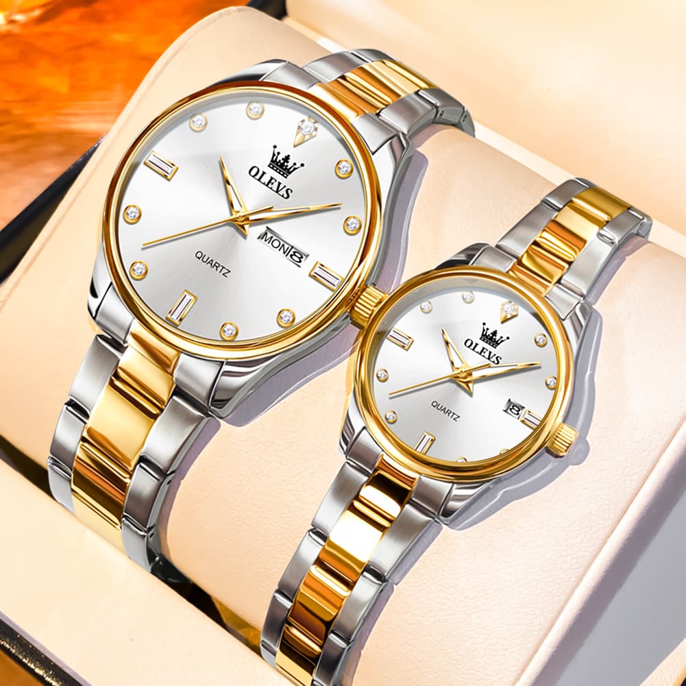 OLEVS 3621Q Minimalist Diamond Quartz Couple Watches Set