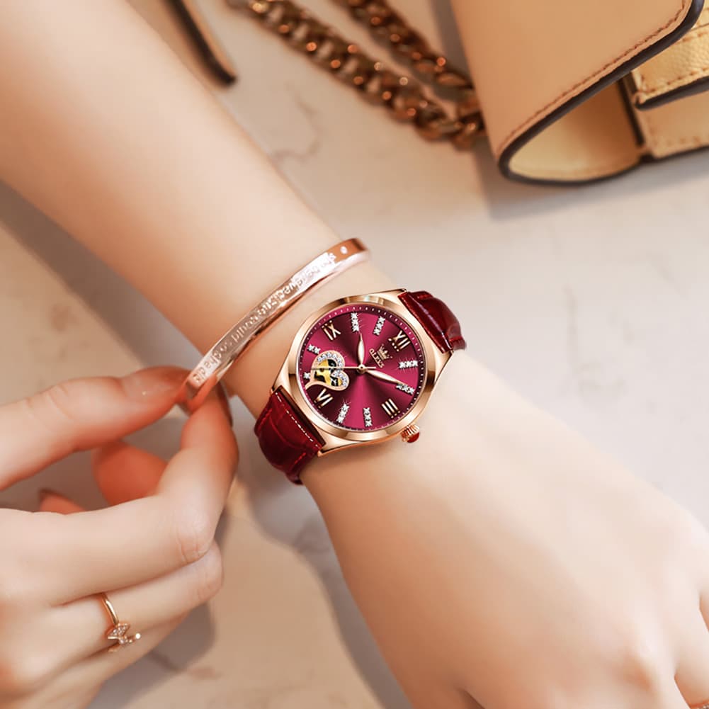 OLEVS 6636 Leather Skeleton Mechanical Watch for Women