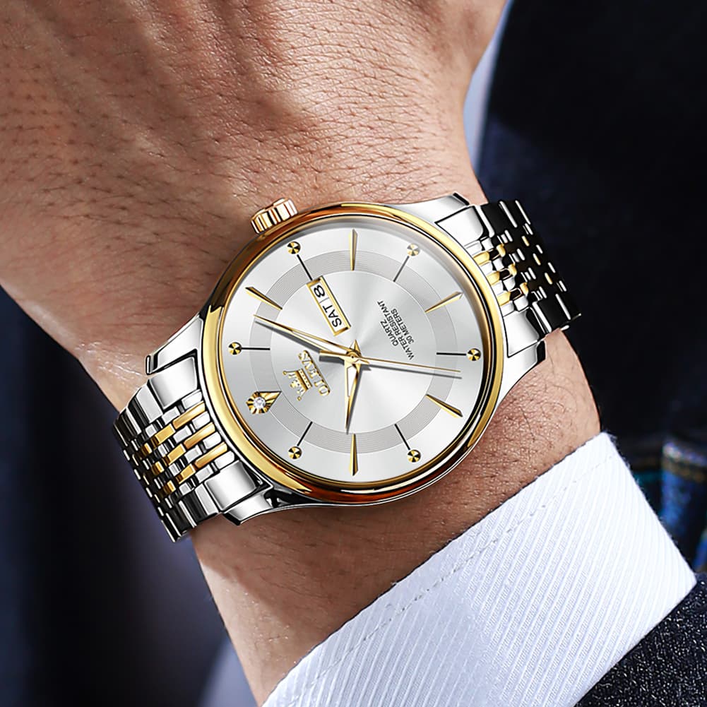 OLEVS 9908 Diamond Accent Day Date Quartz Watch for Men