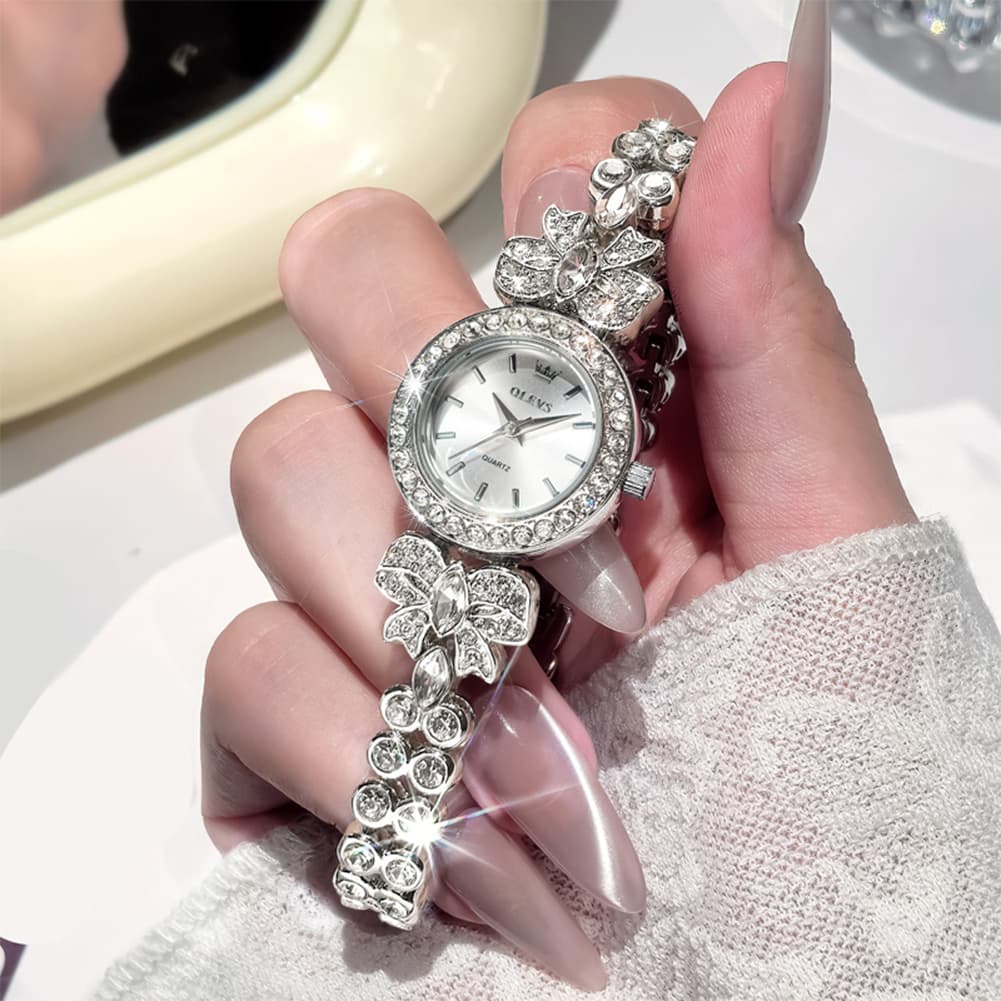 OLEVS 5887 Bow Knot Diamond Bracelet Watch Silver Zirconia Quartz Jewelry Timepiece for Women