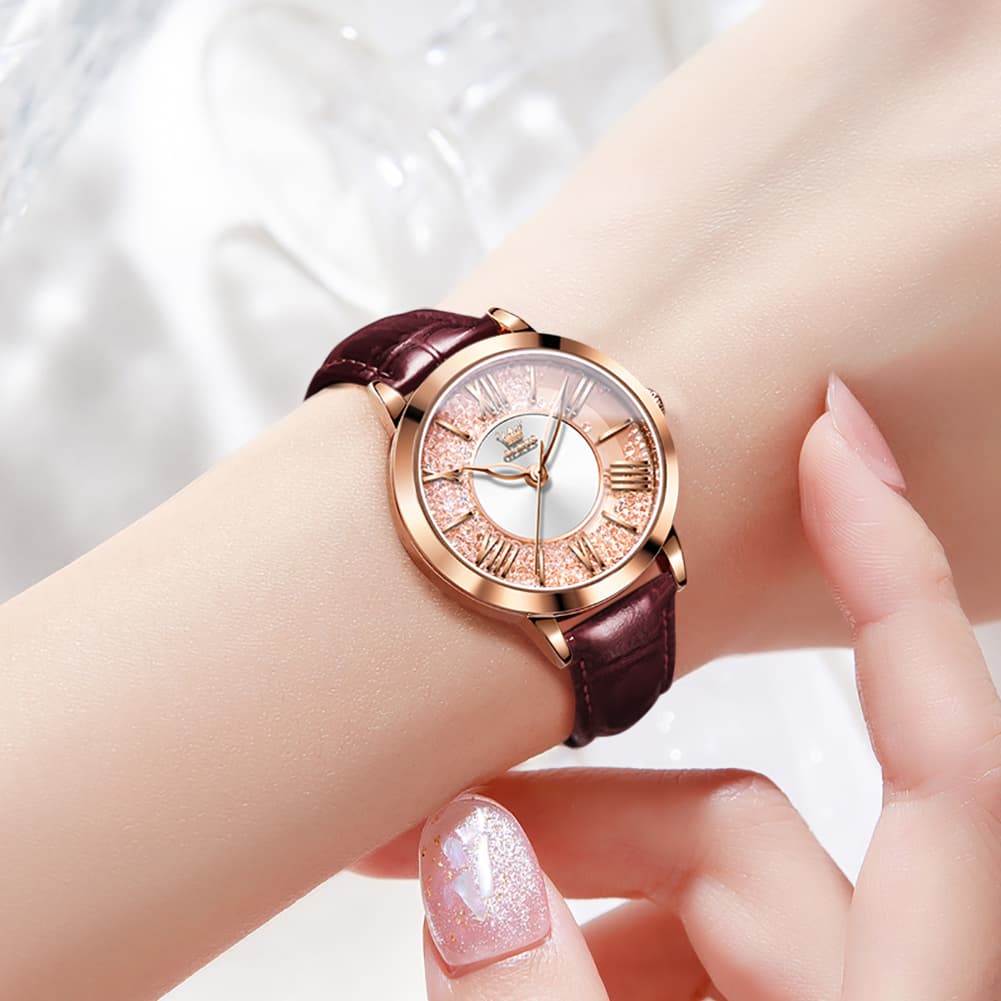 OLEVS Flowing Quicksand Crystal Dress Watch for Women Leather Strap 5539