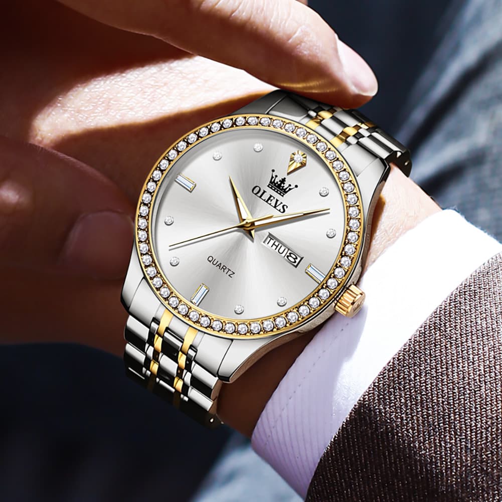 OLEVS 3625 Diamond Bezel Quartz Steel Watch for Men