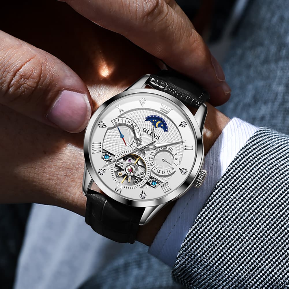 OLEVS 6652 Leather Mechanical Moon Phase Watch for Men