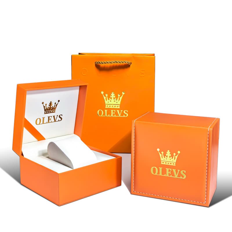 OLEVS Premium Orange Luxury Watch Gift Box and Matching Bag Set