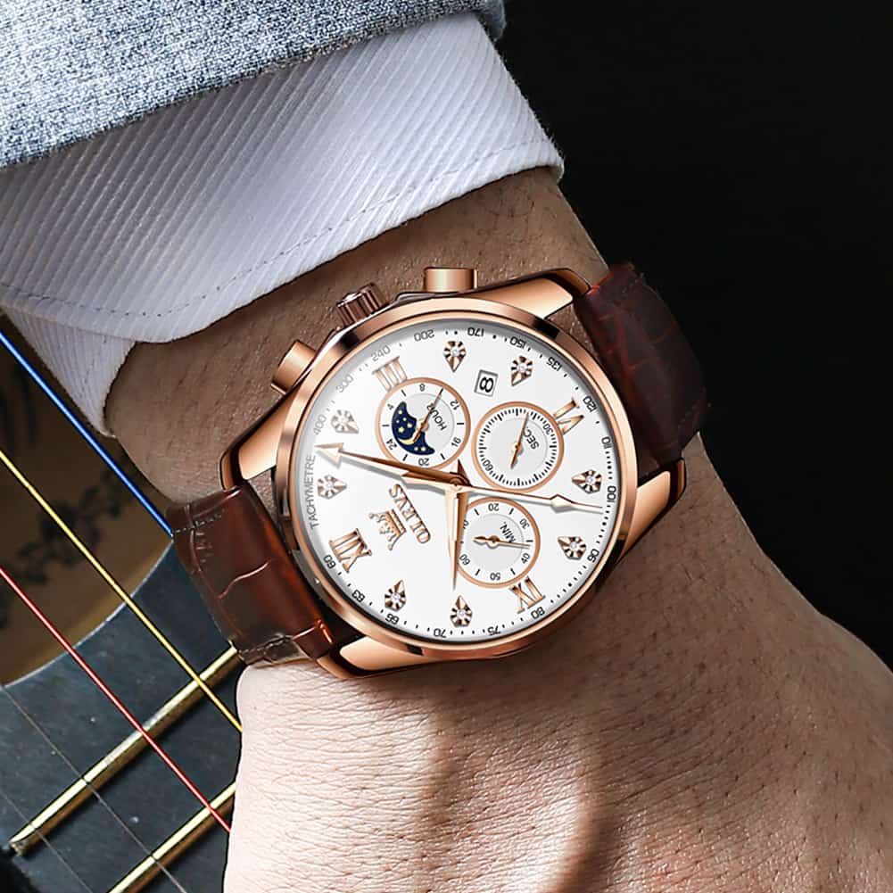 OLEVS 2888 Leather Chronograph Moon Phase Watch for Men