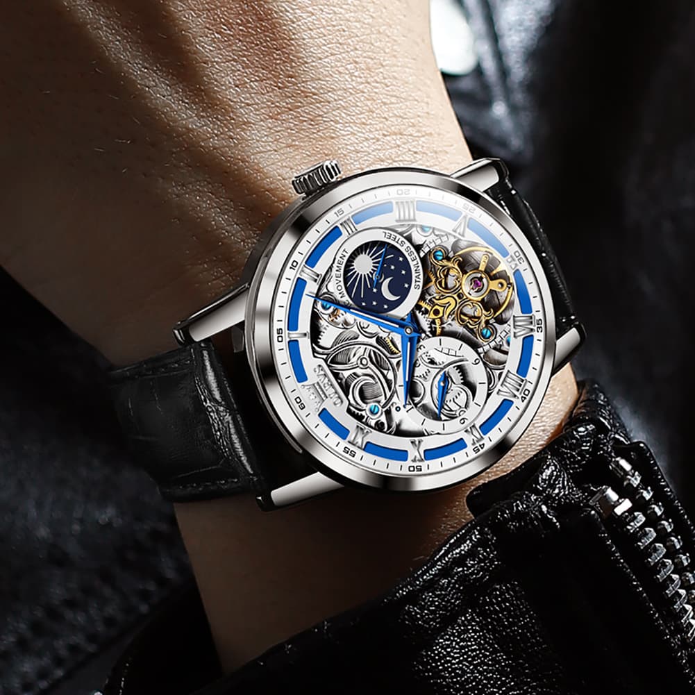 OLEVS 6670P Leather Skeleton Moon Phase Watch for Men