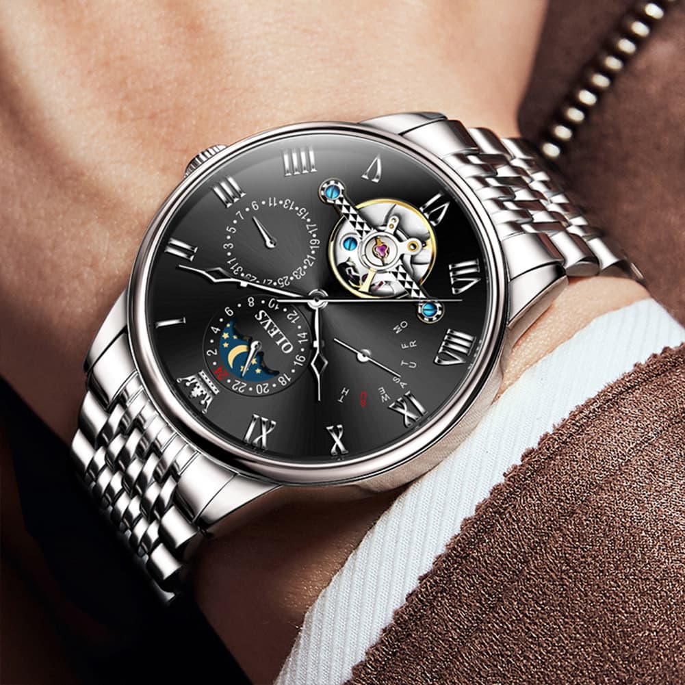 OLEVS 7009 Sun and Moon Skeleton Mechanical Watch for Men