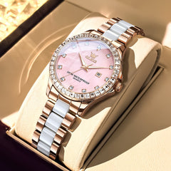 OLEVS 3651 Mother of Pearl Ceramic Crystal Diamond Watch For Women