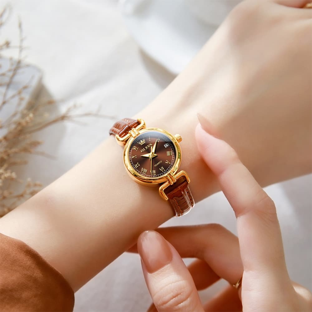 OLEVS Women Vintage Dress Watch Petite 24mm Leather Strap Date Quartz 5645