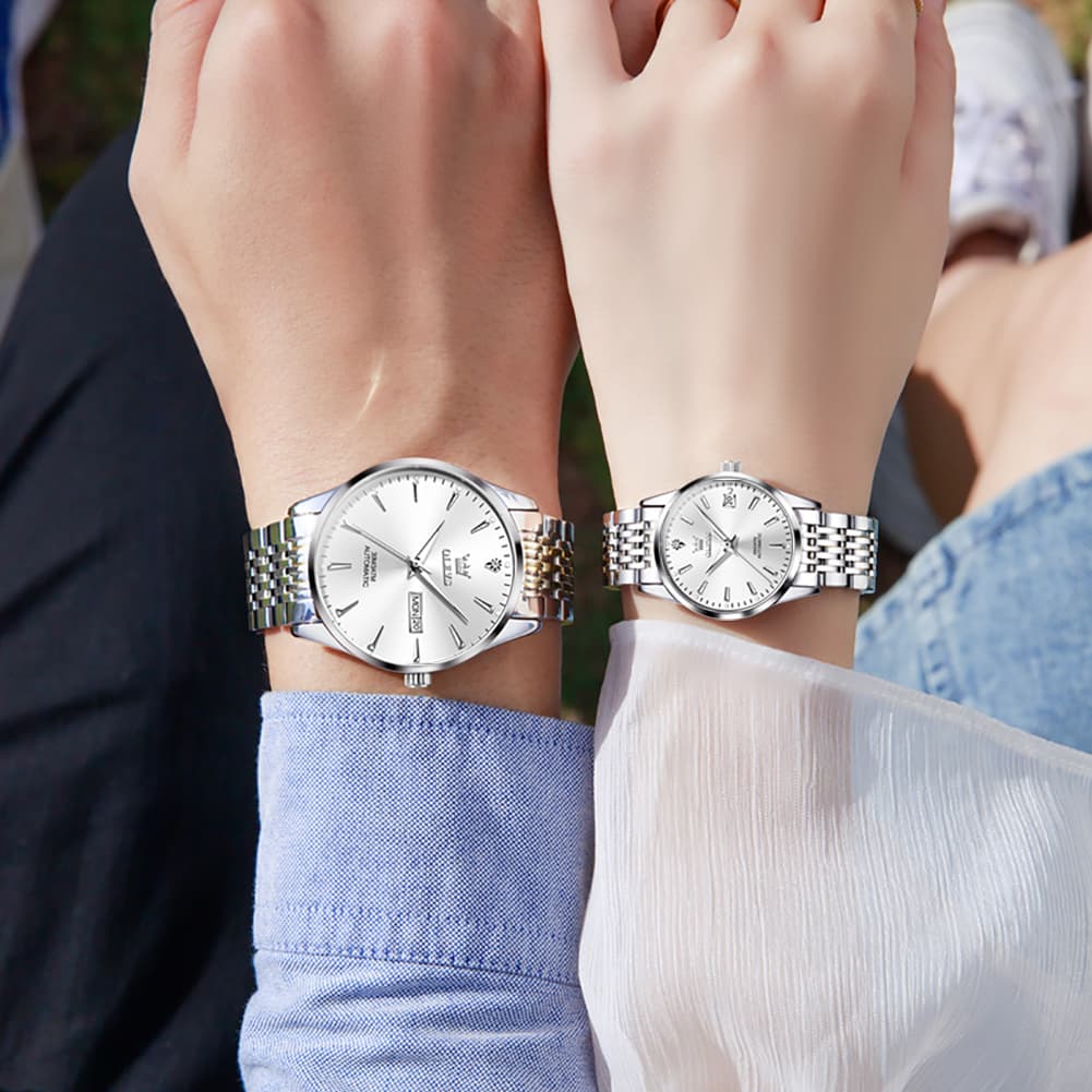 OLEVS 6635 Stainless Steel Automatic Mechanical Couple Watches