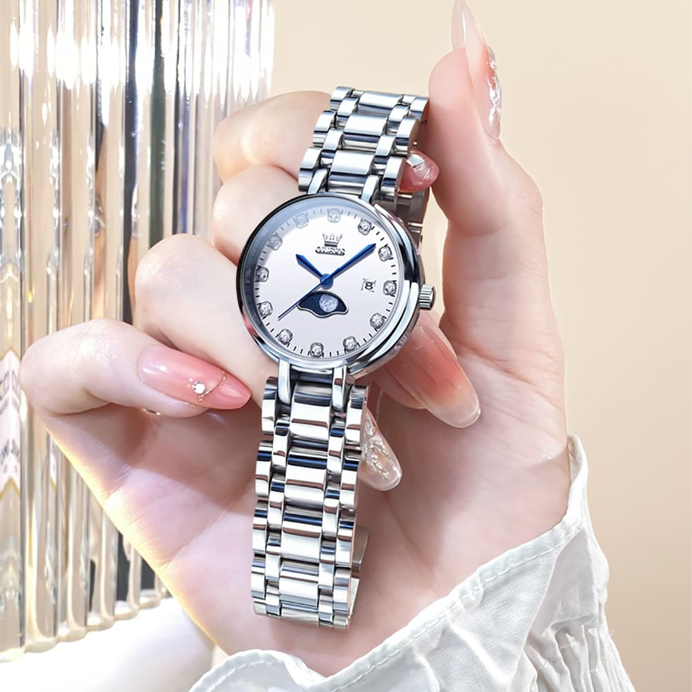 OLEVS Women Moon Phase Dress Watch Stainless Steel Diamond Dial Quartz 5573