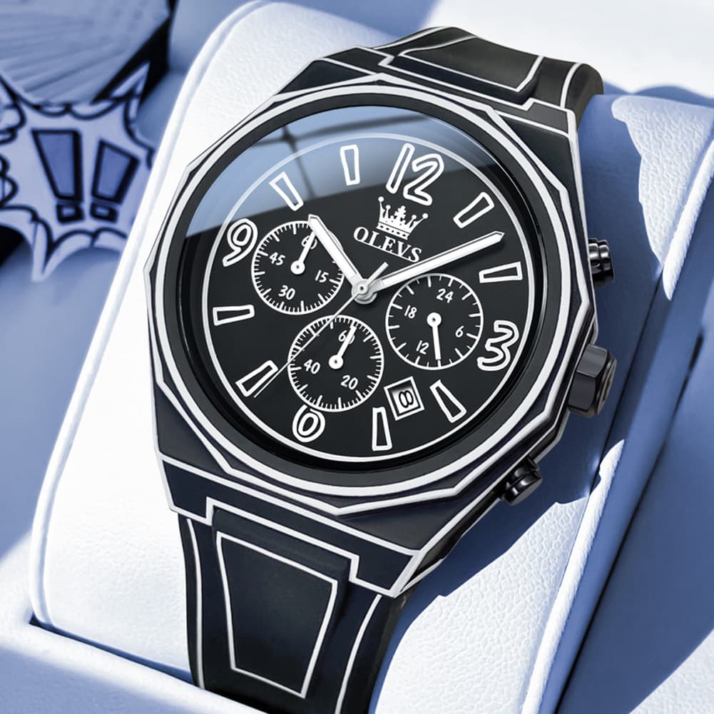 OLEVS Men Streetwear Comic Chronograph Watch Octagonal Silicone Quartz 5622