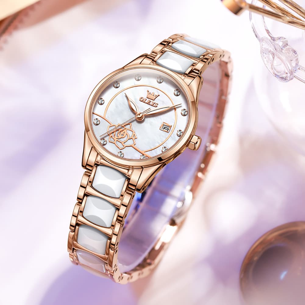 OLEVS 3606 Ceramic Rose Motif Quartz Watch for Women