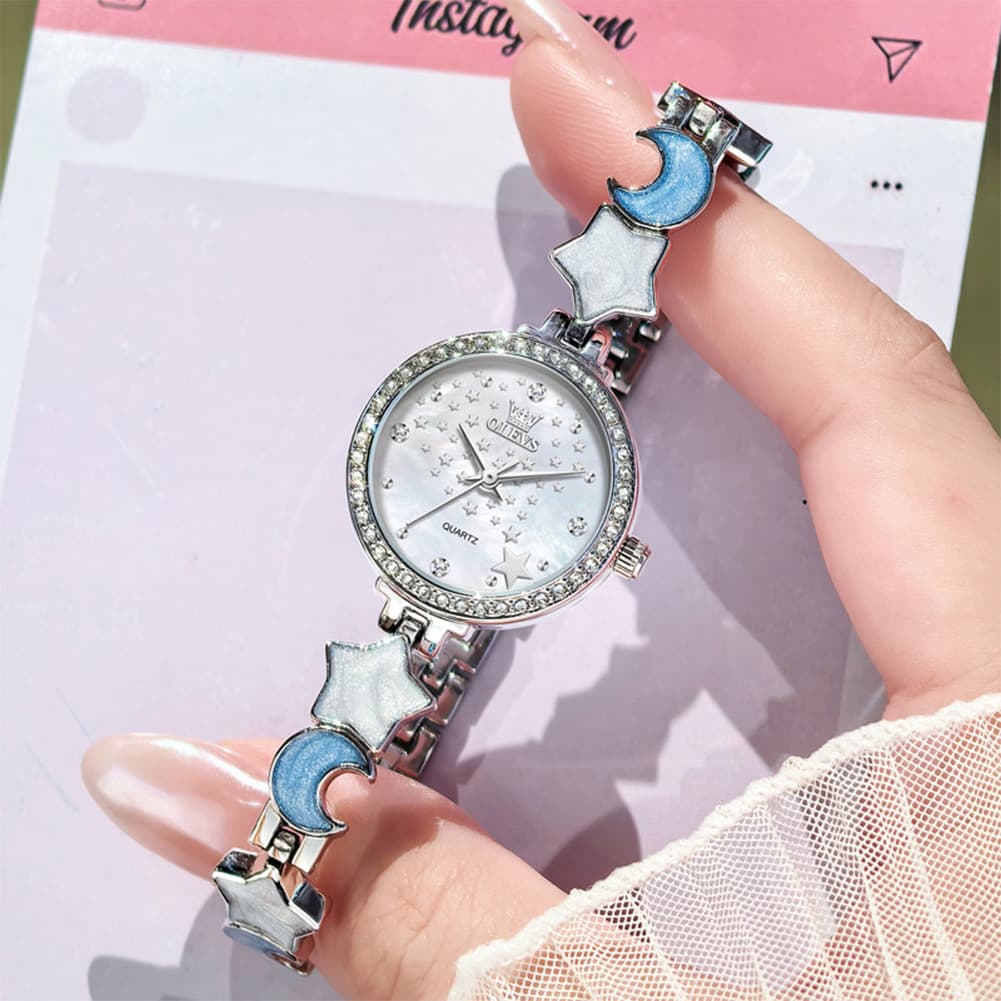 OLEVS 5665 Star Moon Bracelet Watch Mother of Pearl Starry Dial Quartz Jewelry Timepiece for Women