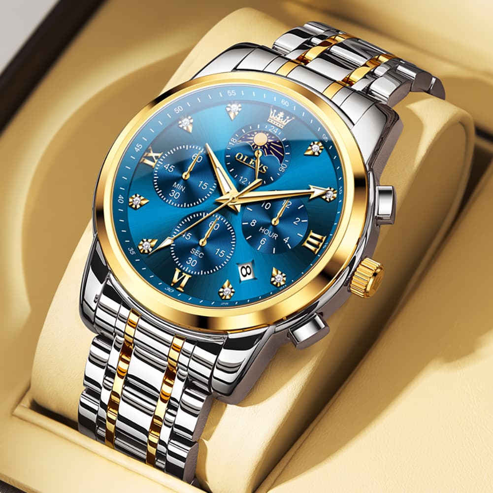 OLEVS 3655 Chronograph Moon Phase Roman Diamond Dial Stainless Steel Watch For Men