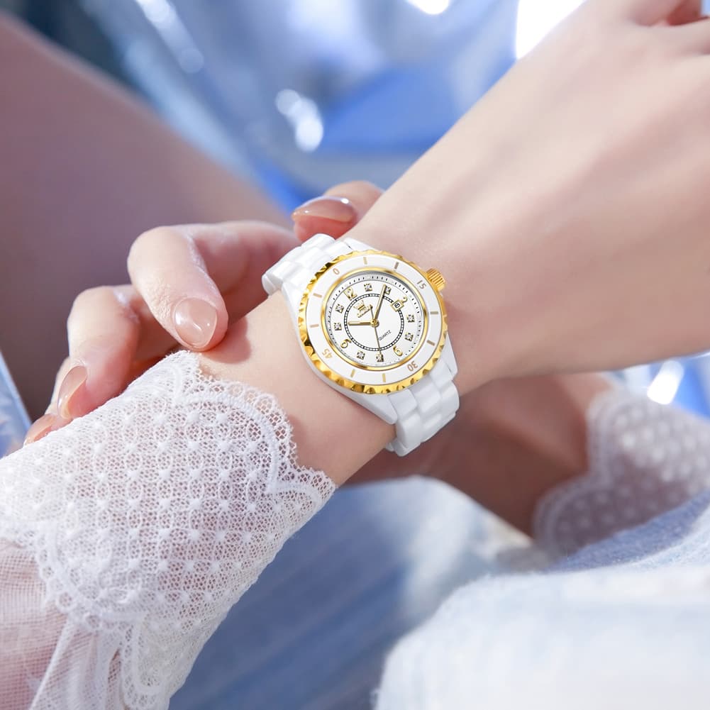OLEVS 5658 White Ceramic Watch Diamond Accent Quartz Butterfly Clasp Luxury Timepiece for Women