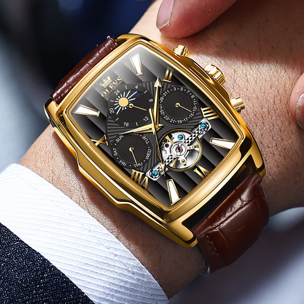 OLEVS 6675 Square Mechanical Moon Phase Watch for Men