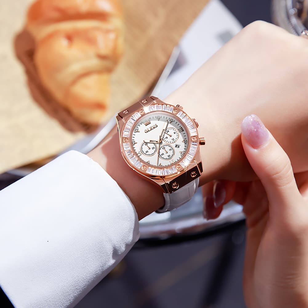 OLEVS 9978 Diamond Bezel Chronograph Leather Watch for Women