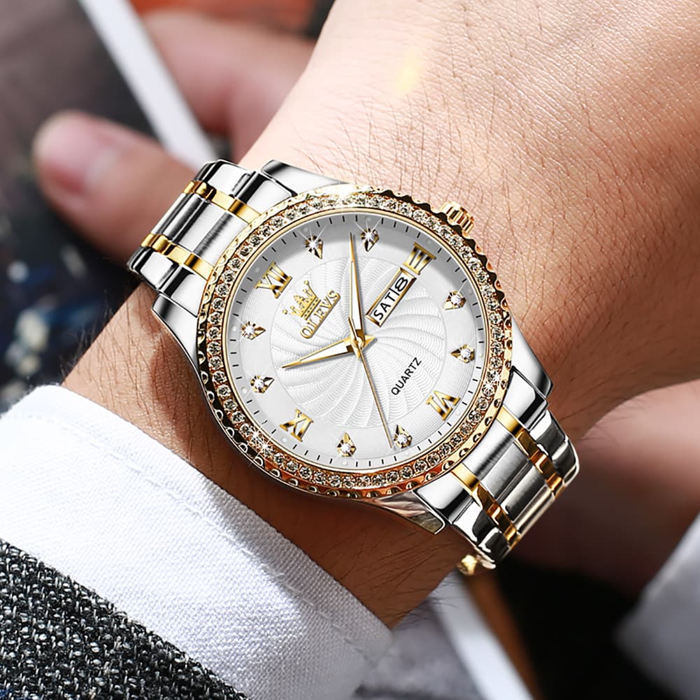 OLEVS Men Diamond Bezel Watch Two Tone Stainless Steel Quartz Day Date 5565