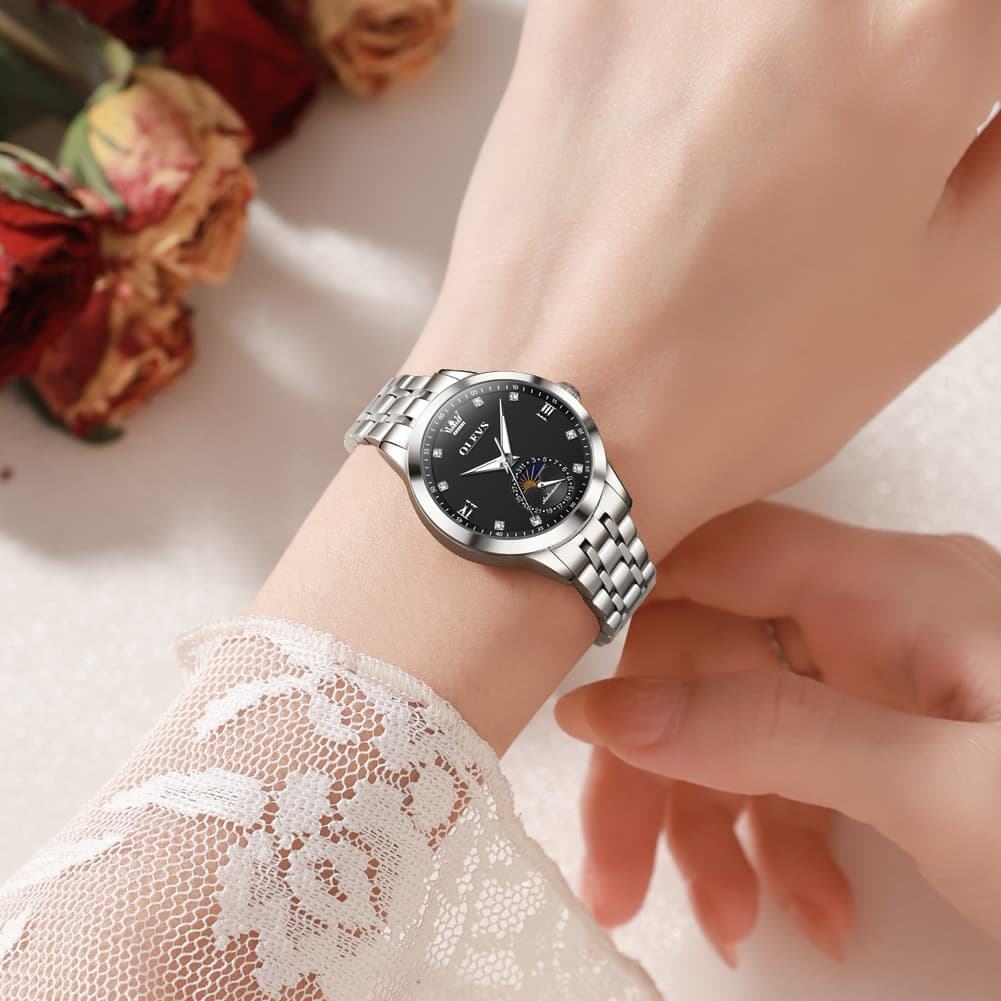 OLEVS 7041 Solid Steel Moon Phase Automatic Watch For Women