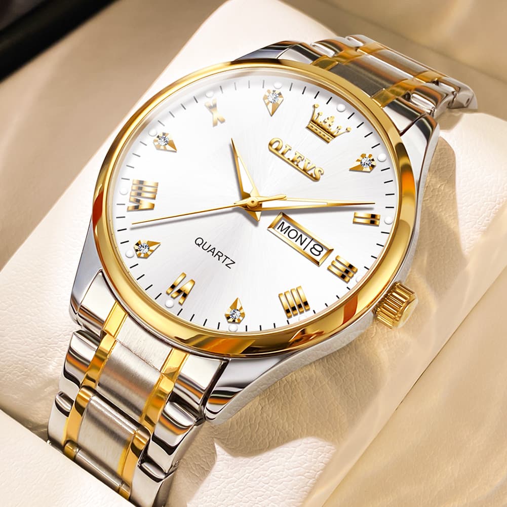 OLEVS 5563 Luxury Diamond Dial Quartz Stainless Steel Day Date Watch for Men
