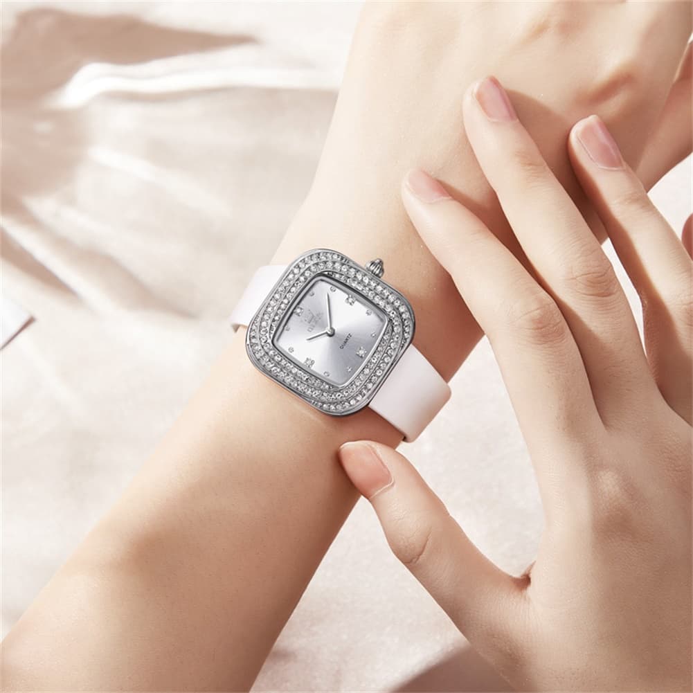 OLEVS Square Diamond Bezel Leather Watch 5512 Petite Quartz for Women