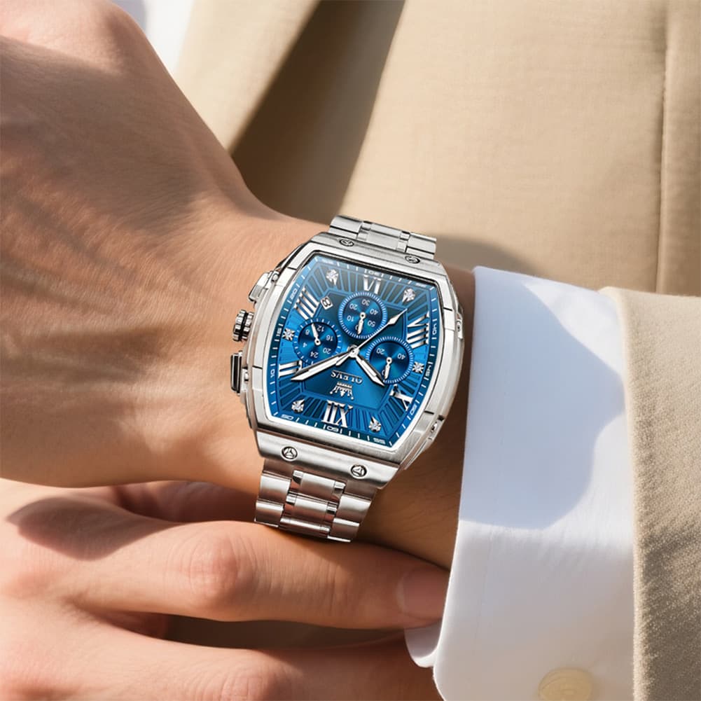 OLEVS Men Tonneau Watch Chronograph Stainless Steel Luxury Quartz 5639