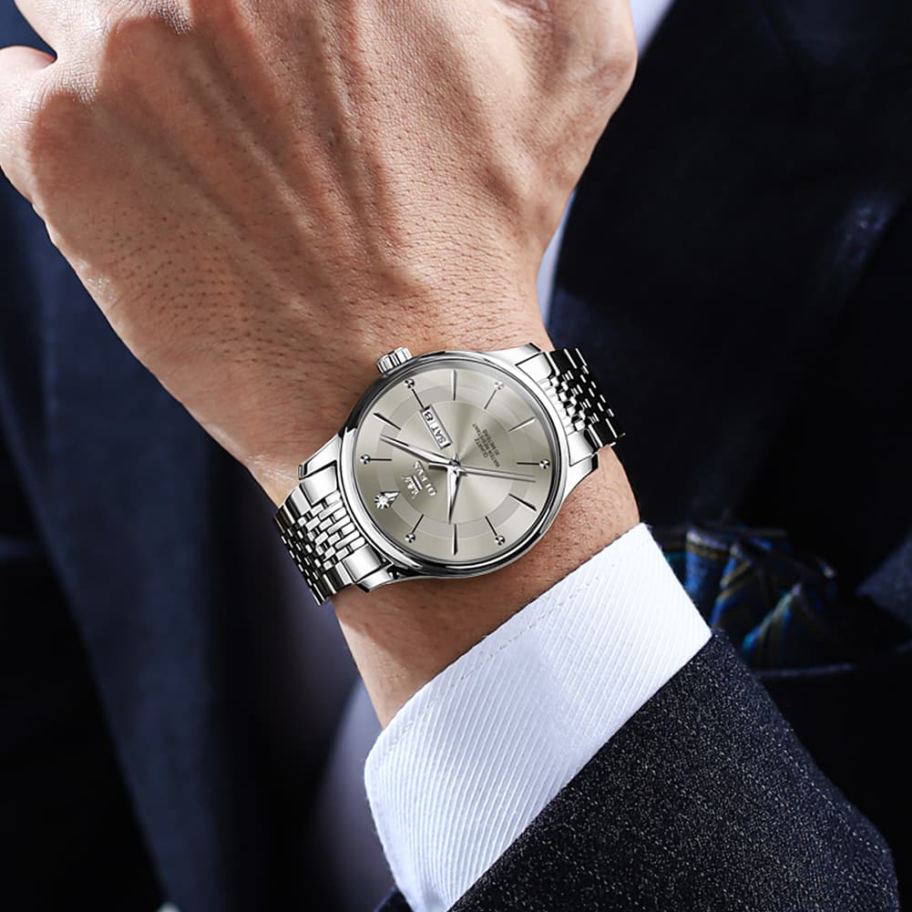 OLEVS 9908 Diamond Accent Day Date Quartz Watch for Men