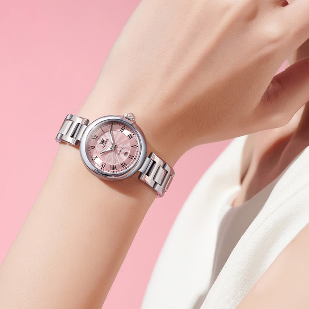 OLEVS Women Roman Numeral Dress Watch Sunray Dial Stainless Steel Date Quartz 5608