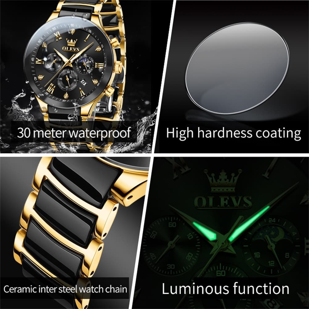 OLEVS 7004 Moon Phase Chronograph Watch Ceramic Link Bracelet Quartz Luxury Timepiece for Men