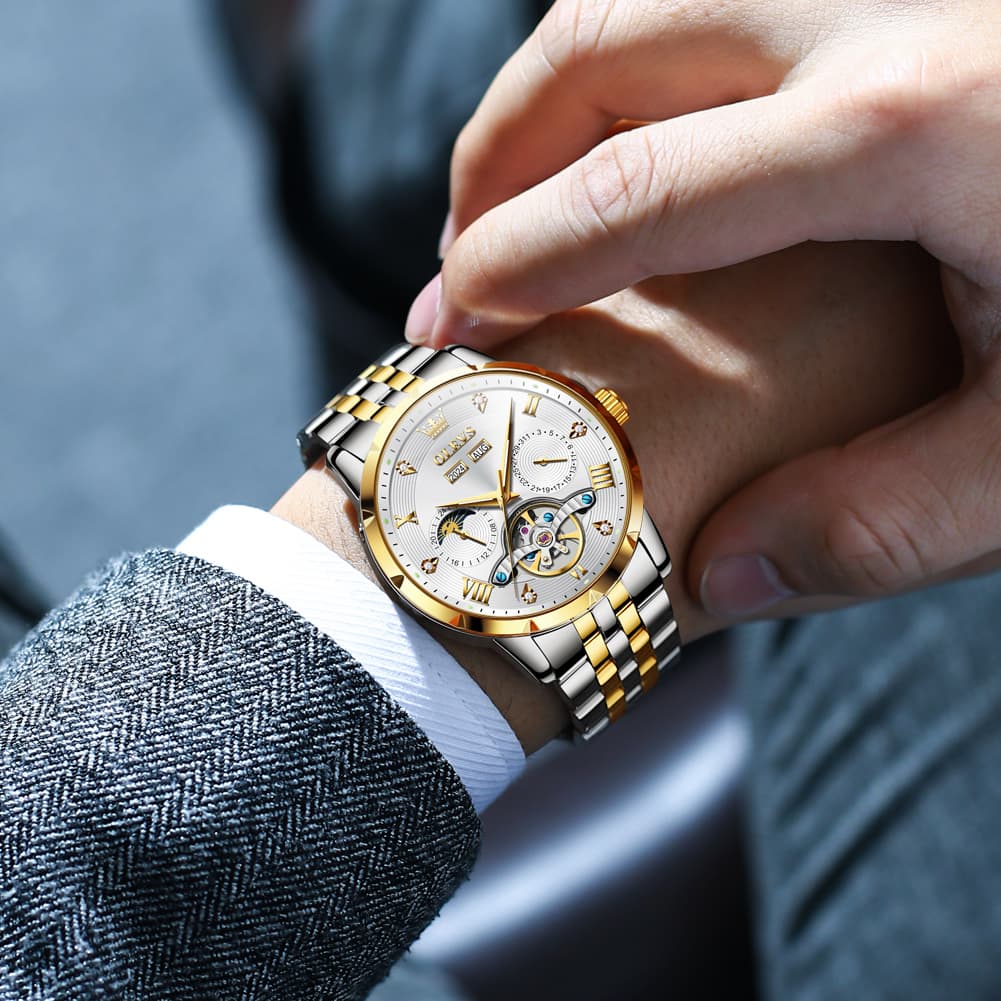 OLEVS 6691 Automatic Moon Phase Skeleton Steel Watch for Men