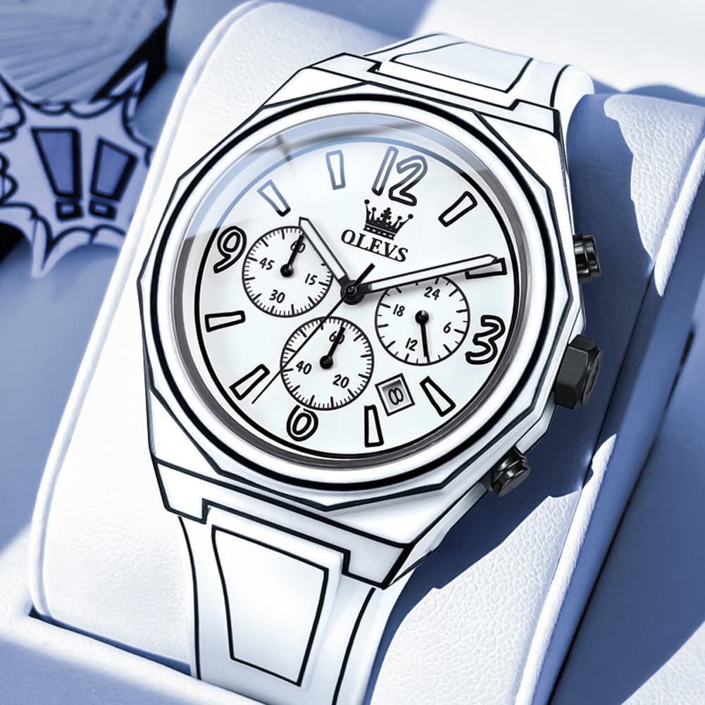 OLEVS Men Streetwear Comic Chronograph Watch Octagonal Silicone Quartz 5622