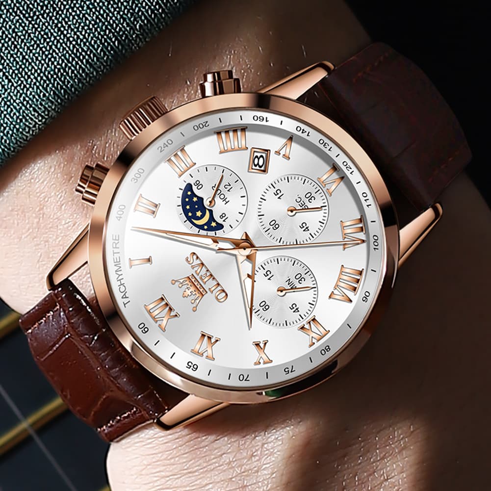 OLEVS Chronograph Moon Phase Dress Watch Leather Strap for Men 5529