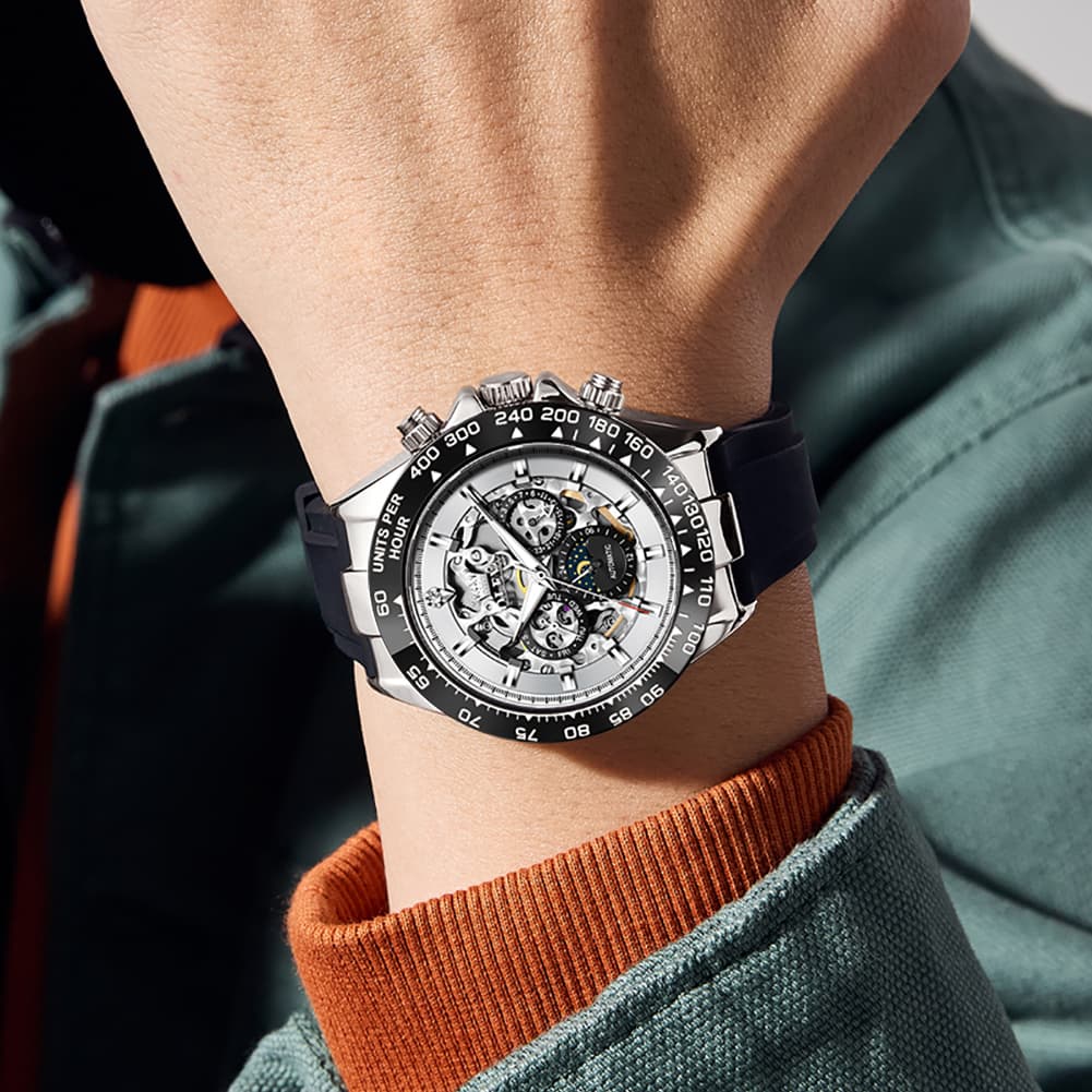 OLEVS 6713 Skeleton Silicone Sports Racing Mechanical Watch For Men
