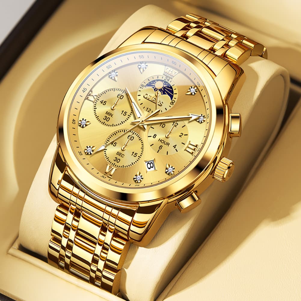 OLEVS 3655 Chronograph Moon Phase Roman Diamond Dial Stainless Steel Watch For Men