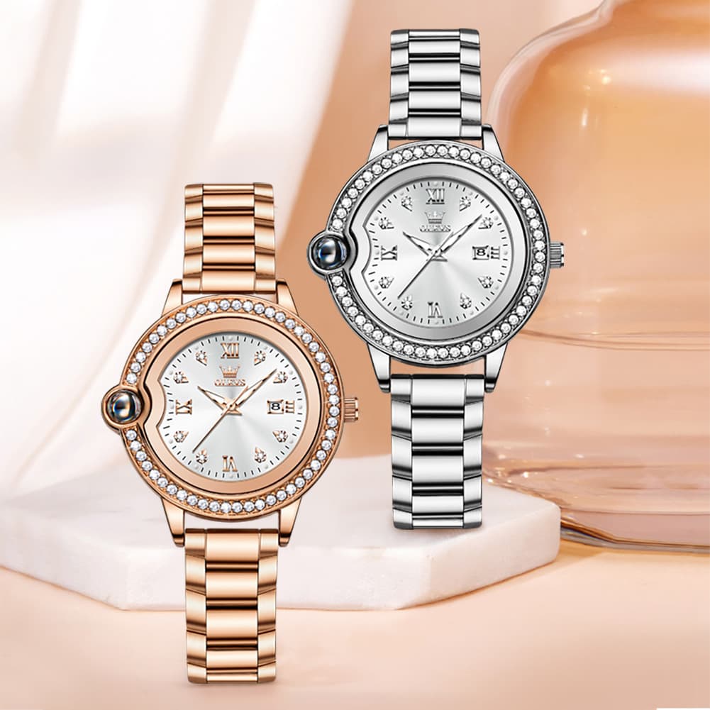 OLEVS Women Diamond Bezel Watch Cabochon Crown Rose Gold Quartz Date 5588
