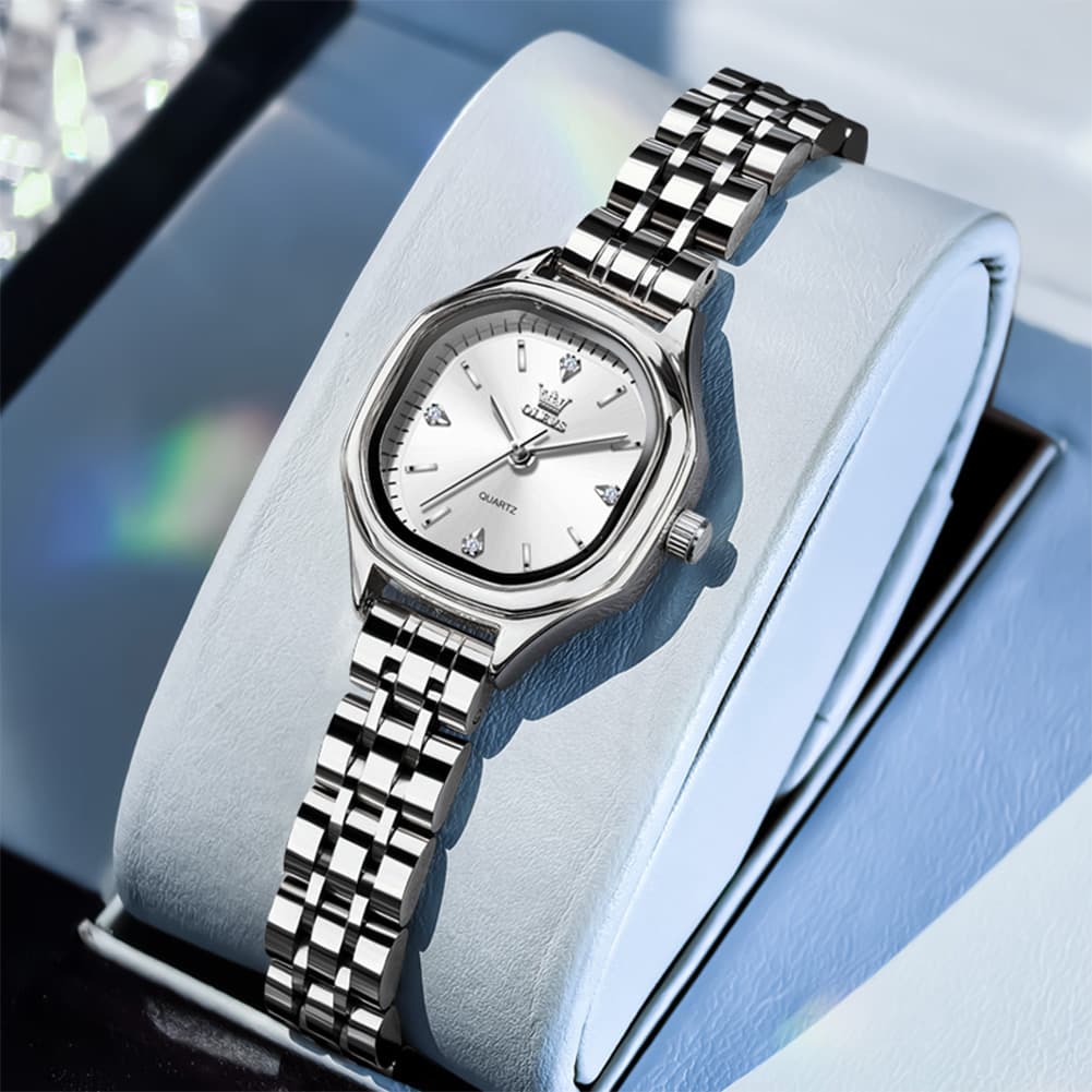 OLEVS 5888 Petite Square Watch Vintage Diamond Accent Stainless Steel Bracelet Quartz Timepiece for Women