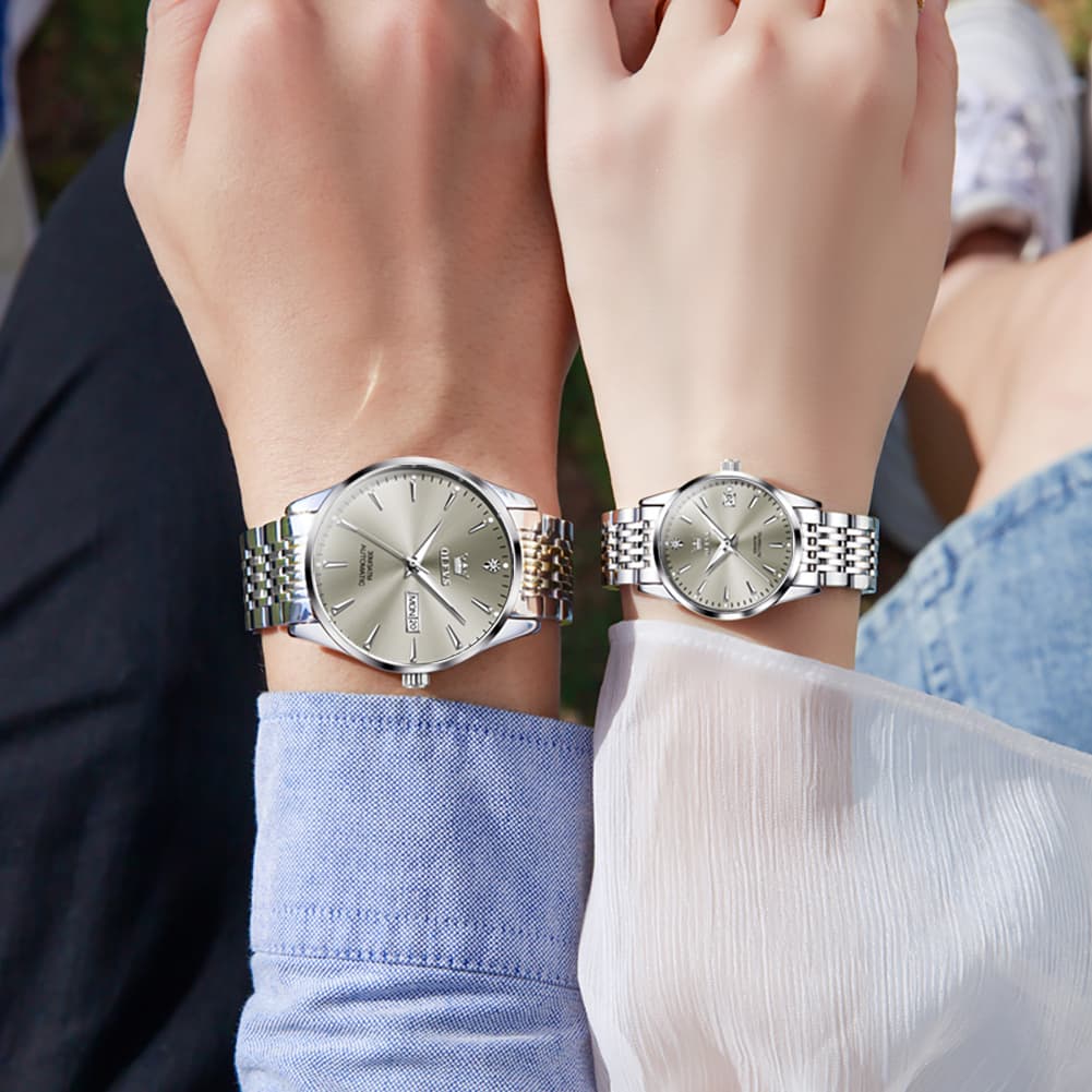 OLEVS 6635 Stainless Steel Automatic Mechanical Couple Watches